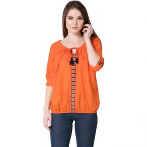 AANIA Casual 3/4th Sleeve Embroidered Women Orange Top