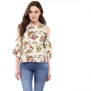 Harpa Casual 3/4th Sleeve Floral Print Women’s White Top