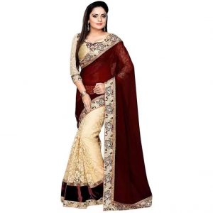 Shree Creation Embroidered Bollywood Net Saree  (Brown)