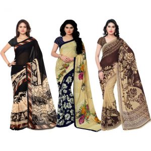 Anand Sarees Printed Fashion Georgette Saree  (Pack of 3, Multicolor)