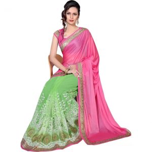 Livie Embroidered, Embellished, Solid Bollywood Net Saree  (Pink)