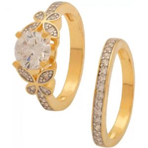 Voylla Artificial Classic Embellished Brass Cubic Zirconia Yellow Gold Plated Ring