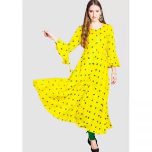 Divastri Women’s Printed Anarkali Kurta  (Yellow)