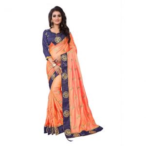 Kuki Embroidered Fashion Georgette, Cotton, Silk Saree  (Orange, Blue)